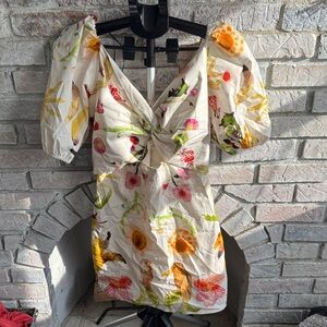 H&M Floral Print Mini Dress with Puff Sleeves